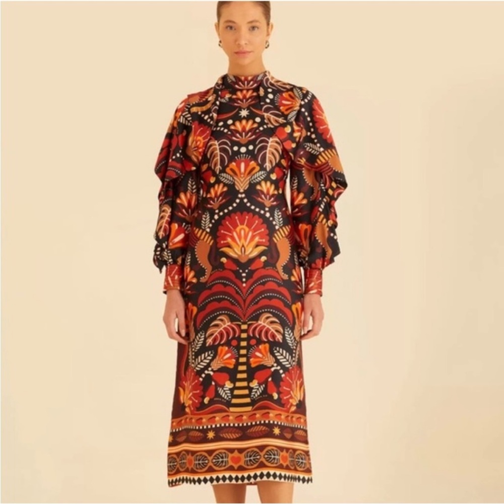 FARM Rio Long Sleeve Dress - Black, Orange, Red
